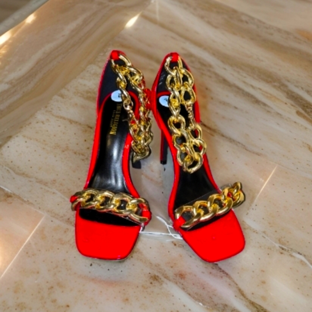 True Religion Milagros Women's Faux Leather - Red Chain-Embellished Women's Heel